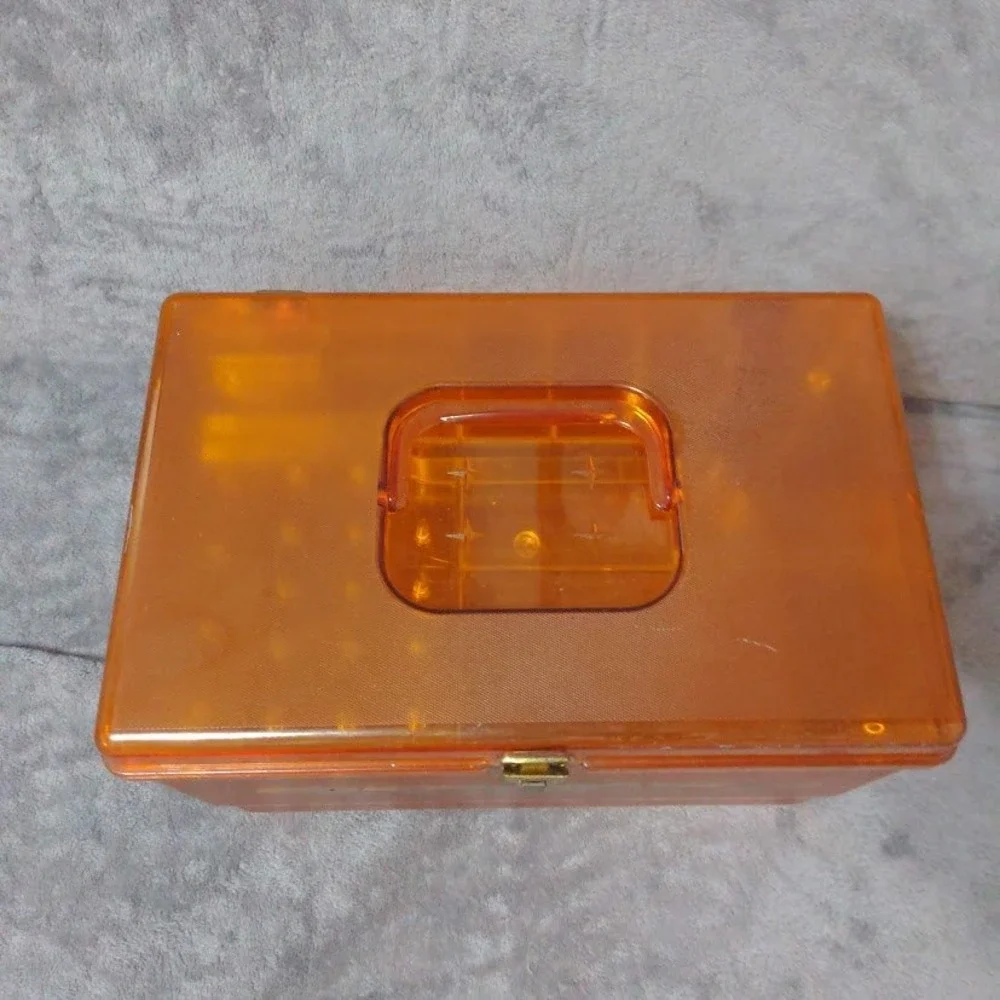 Vtg Wil-Hold Amber Orange Translucent Plastic Sewing Box MCM Case Gold Floral
